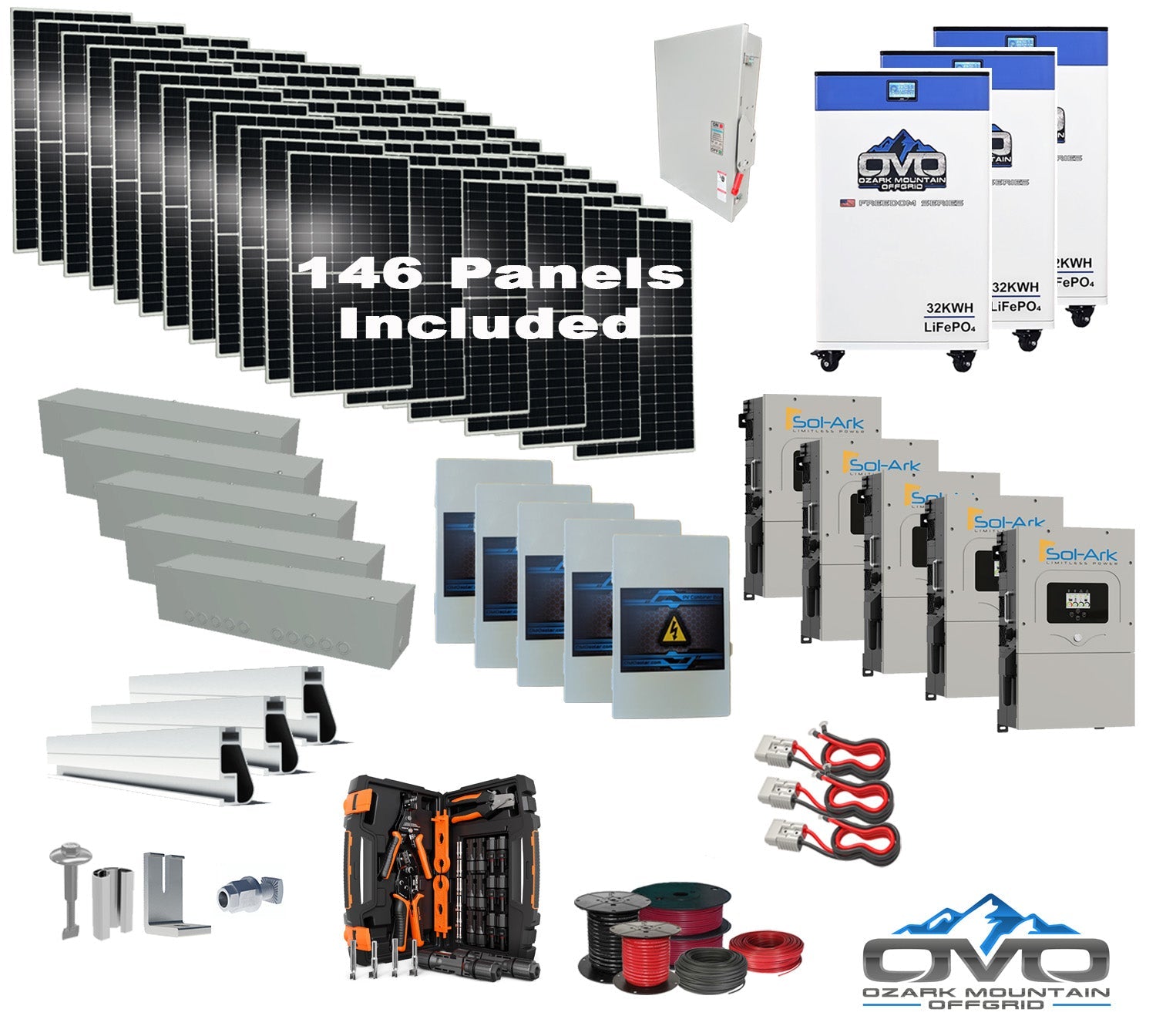 80KW Complete Offgrid Solar Kit + 5x 15K Sol-Ark Inverter + 3x 32kWh OMO 48V Freedom Series Lithium Battery +80.3KW Solar with Roof Mount and Wiring