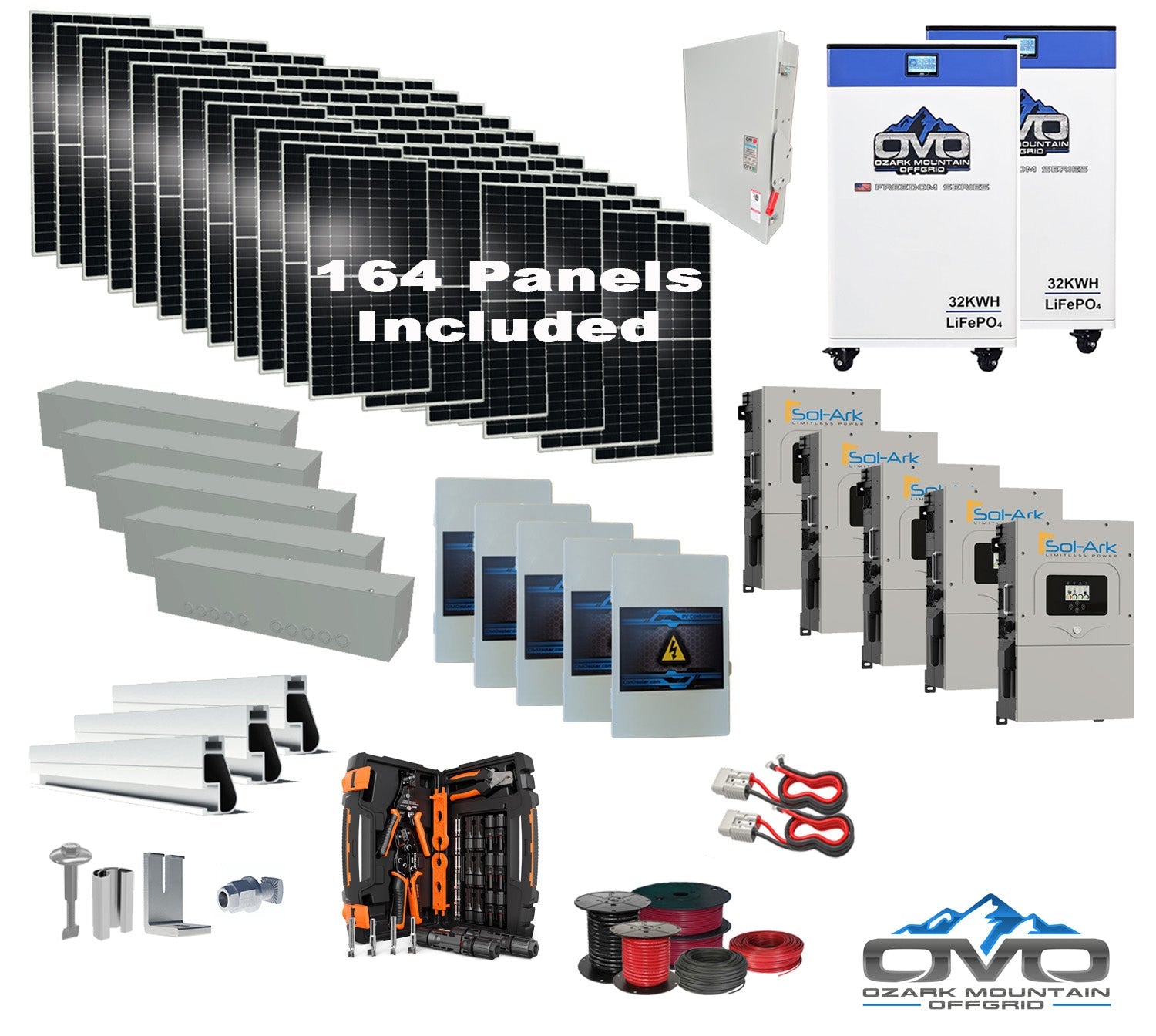 90KW Complete Offgrid Solar Kit + 5x 15K Sol-Ark Inverter + 2x 32kWh OMO 48V Freedom Series Lithium Battery +90.2KW Solar with Roof Mount and Wiring
