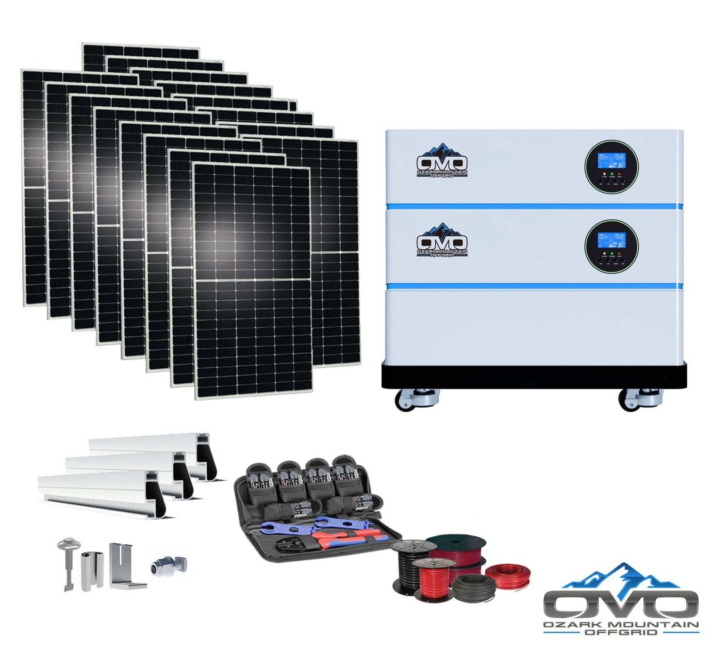 8KW OMO All-In-One Customizable Stacking Inverter/Battery System 120/240 11000W Total Inverter Output + 5.12K Lithium Battery + 8.8KW Solar Roof Mount