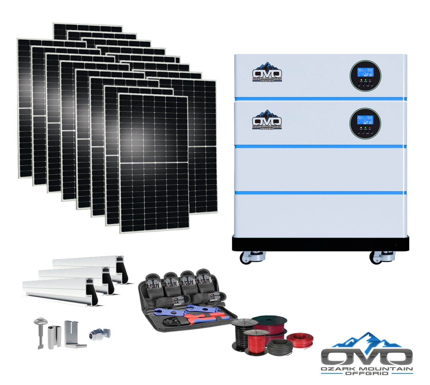 8KW OMO All-In-One Customizable Stacking Inverter/Battery System 120/240 11000W Total Inverter Output + 10.24K Lithium Battery + 8.8KW Solar Roof Mount