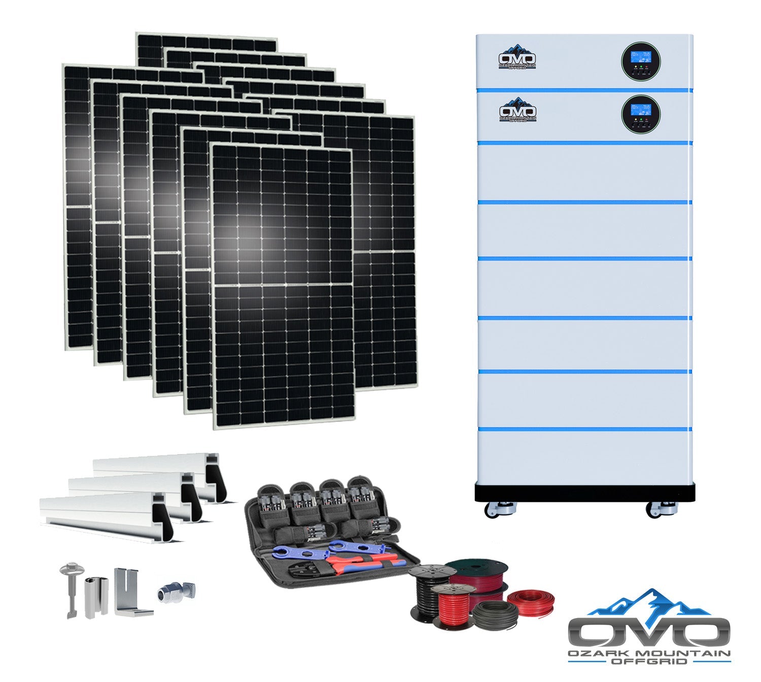 6KW OMO All-In-One Customizable Stacking Inverter/Battery System 120/240 11000W Total Inverter Output + 30.72K Lithium Battery + 6.6KW Solar Roof Mount