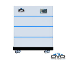 Load image into Gallery viewer, OMO Stackable 51.2V 15.36KW Heated LifePO4 Lithium Battery System - 3x 5.12KW Batteries + LCD Display Combiner + Wheeled Base
