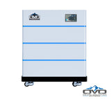 OMO Stackable 51.2V 15.36KW Heated LifePO4 Lithium Battery System - 3x 5.12KW Batteries + LCD Display Combiner + Wheeled Base