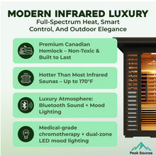 Load image into Gallery viewer, Peak Saunas Patagonia 2-Person Outdoor Full Spectrum Infrared Sauna with XL Medical-Grade Red Light Therapy and Smart WiFi App Control