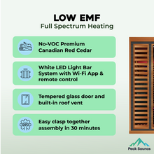 Load image into Gallery viewer, Peak Saunas Rainier 1-Person Full Spectrum Infrared Sauna with XL Medical-Grade Red Light Therapy &amp; Smart WiFi App Control