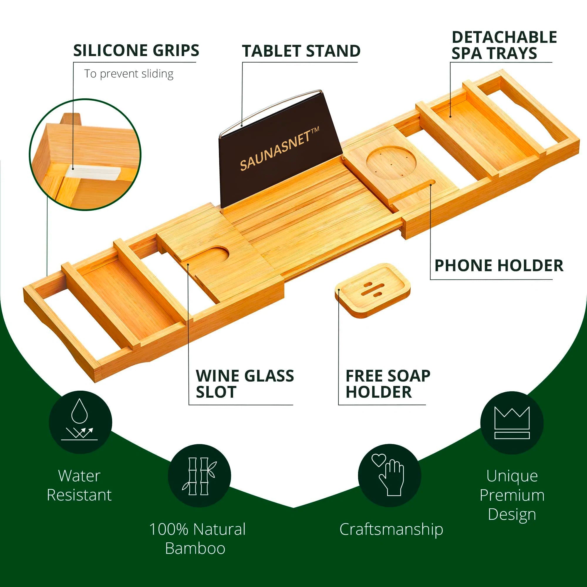 SAUNA EVOLUTION®  Natural Bamboo Bathtub Caddy