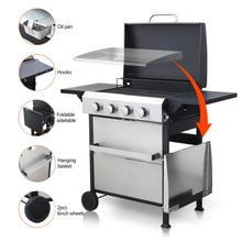 Load image into Gallery viewer, Premium Outdoor 4-Burner Propane BBQ Grill With Foldable Side Tables, Hanging Basket, And Cooking Grids (SAK53213)