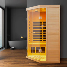 Load image into Gallery viewer, Premium 2-Person Corner Space Infrared Wooden Sauna Room With Bluetooth Speakers, 1600W (SAK81524)