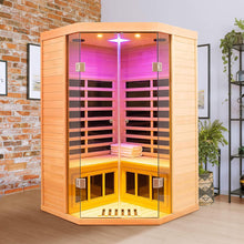 Load image into Gallery viewer, Premium 2-Person Corner Space Infrared Wooden Sauna Room With Bluetooth Speakers, 1600W (SAK81524)